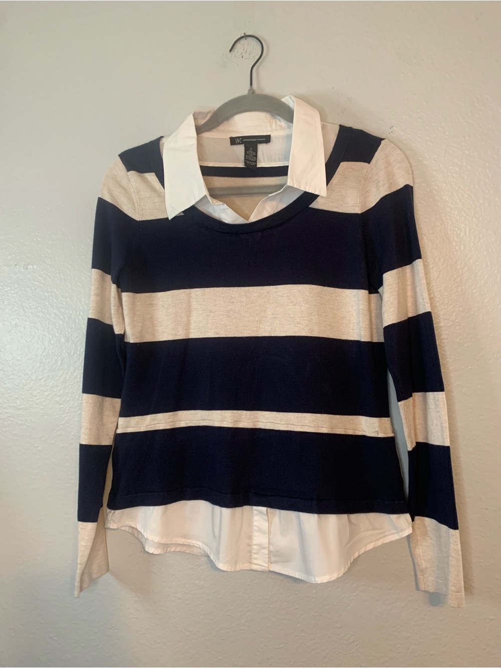 INC International Concepts Navy and Cream Striped Layered-Look Sweater